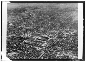 Aerial view of the Los Angeles Memorial Coliseum, possibly just built, 1920-1929