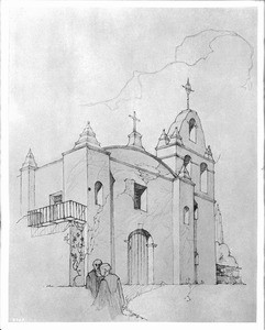 Rexford Newcomb's rendition of Mission San Gabriel Arcángel's original campanile, or "bell tower", 1916