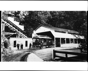View of Pacific Electric train number one hundred fifty at the Rubio Canon Station on Mount Lowe, ca.1906