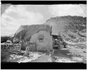 Exterior view of the Kabab Forest Hotel on the north rim of the Grand Canyon, three miles from the bridge where Utah, Nevada and Arizona join, ca.1930