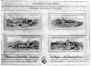 Drawing by Edward Vischer of four California missions, ca.1870