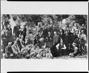 Sunset Club members posing under trees in Santa Barbara, ca.1905