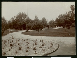 People laying on the grass in a park in Santa Ana, ca.1890