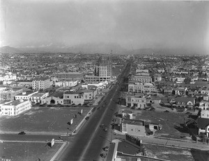 View of east Wilshire Boulevard taken from the Tower Building between Cochran Street and Cloverdale Street, Los Angeles, February 25, 1930