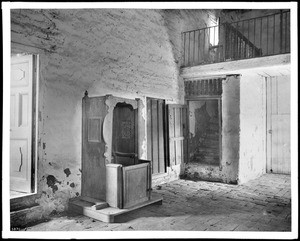 Confessional and choir loft at the Mission San Juan Capistrano, Orange County, California, ca.1885