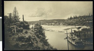 Eastern shore of the Willamette River and Willamette Falls at Oregon City showing a steamboat, Oregon