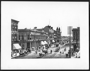 Drawing of Main Street south from Temple, showing Saint Elmo Hotel, 1887-1889