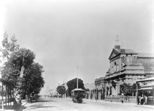 View of Main Street looking north from below Second Street, Los Angeles, ca.1884