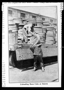 Men unloading bean cake in Dalian (Dairen), China