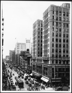 Birdseye view of Hill Street, looking south from Seventh Street in Los Angeles, ca.1931