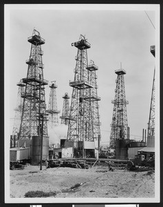 Several oil derricks at the Playa del Rey oil field in Venice, ca.1925