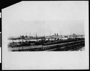 Los Angeles Harbor showing lumber and railroad tracks