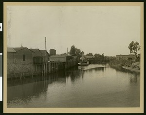 Napa River bank, showing a large boat in the background, ca.1907