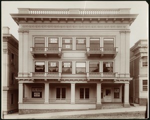 Exterior view of an apartment building on Sixth Street west of Figueroa Street, 1900-1909