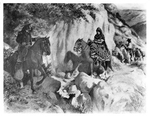 A.F. Harmer's painting "On the Way to the Summit" showing a group on horseback negotiating mountain terrain, 1906