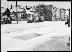 Snow-covered Pico Boulevard east from Union Avenue, January 9, 1930, 5:00 PM