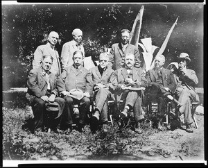 Group portrait of ex-presidents of the Sunset Club seated outside, ca.1915