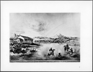 Drawing by Vischer of rodeo preparations at cattle ranch, San Lorenzo, California, ca.1870-1874