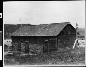 Exterior view of an "ancient" adobe chapel in Tiajuana, ca.1887-1903