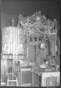 View of the altar inside the Kong Chew Temple in Los Angeles's old Chinatown, November 1933