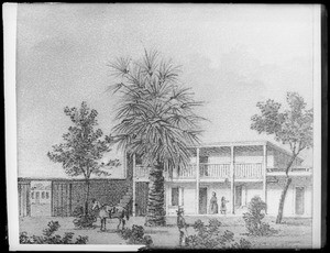 Drawing of Don Juan Ramirez's two-story adobe house, Los Angeles, 1870