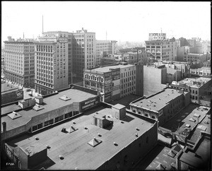 View of downtown Los Angeles, between 6th and 7th Street looking west from the top of a building at Los Angeles Street (or Main Street?), ca.1917