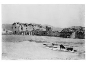 Painting depicting the back courtyard of the old San Fernando Mission church in ruins, 1890