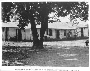 Exterior view of the Miguel Ortiz adobe (built in 1865) at Elizabeth Lake, ca.1930