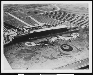 An aerial view of a horse racetrack in Santa Anita Park, Arcadia, California, ca.1950