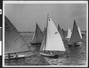 Nine sailboats in close range of each other, ca.1940