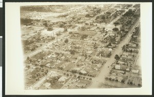 Aerial view of flooding in Anaheim, showing flooding in the city, ca.1930