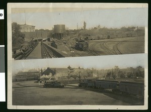 Composite view of the railroad depot and yards in Sacramento, ca.1900