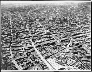 An aerial view of Los Angeles taken from a balloon, looking west from San Pedro Street, ca.1910