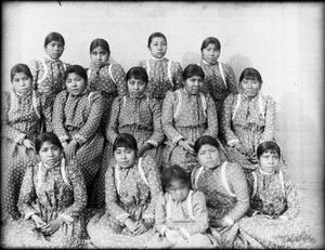 Small group of Yuma Indian girls posing at the government Indian School at Yuma, ca.1900