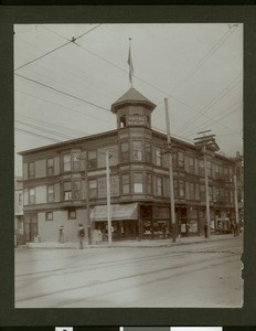 Exterior view of the Hotel Avalon on the corner of Fifth Street and Towne Avenue in Los Angeles