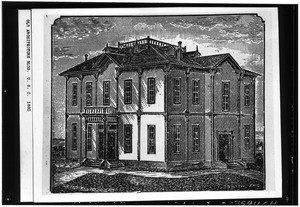 Woodcut drawing of the old architecture building at the University of Southern California, 1880