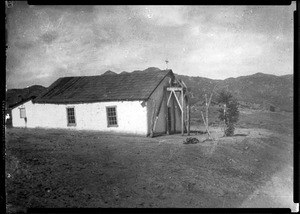 Exterior view of an adobe chapel for Indians at Warner's Ranch on Agua Caliente Mission, ca.1904