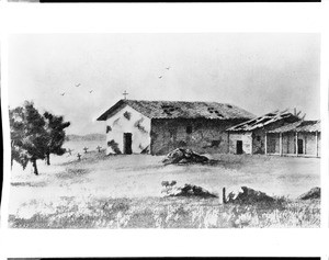 Painting depicting the exterior of the Mission Nuestra Senora de la Soledad, Monterey, ca.1900