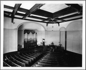 Interior view of West Lake (Trinity?) Methodist Episcopal Church, Los Angeles, 1910-1940