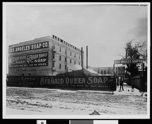 Exterior view of the Los Angeles Soap Company building entrance, 1898