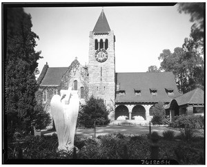 Church of the Angels, Garvanza, showing a statue, ca.1880-1940