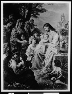 The painting "Suffer the Little Children" by Plockhorst, depicting Jesus being attended by children in the wilderness