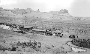 Aerial view of Tooker's ranch(?) in what appears to be Arizona, ca.1900