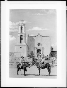 Two mounted boys in front of church, Juarez, Paso del Norte, Mexico, ca.1905