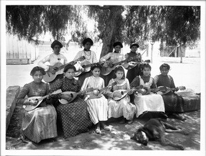 School girl mandolin orchestra at Mission Assistencia of San Antonio, Pala, California, ca.1905