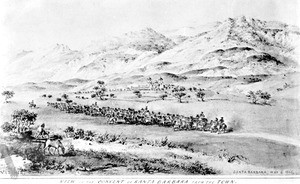 Drawing by Edward Vischer depicting cattle-drivers traveling towards the Mission Santa Barbara, May 6, 1865