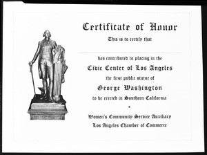 Certificate of Honor in recognition of the first public statue of George Washington, September 8, 1936