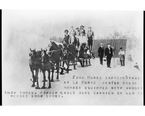 Four horse express stage at La Porte equipped for snow, ca.1880