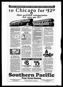 Advertisement for the latest Southern Pacific news and travel bargains to Chicago