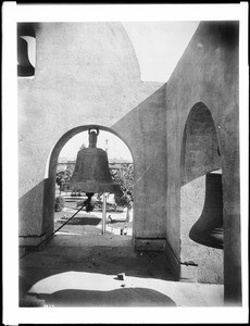 Three bells in the Los Angeles Plaza Church tower, cast by Paul Revere's apprentice George Holbrook for the Plaza Church, ca.1910